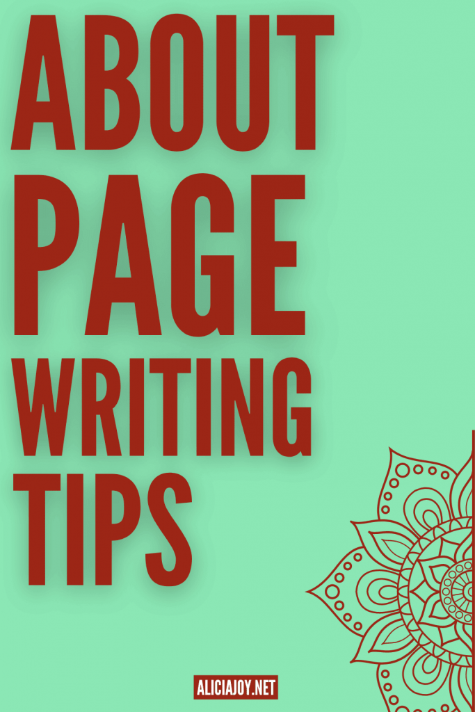 image of text box reading about page writing tips aliciajoy.net